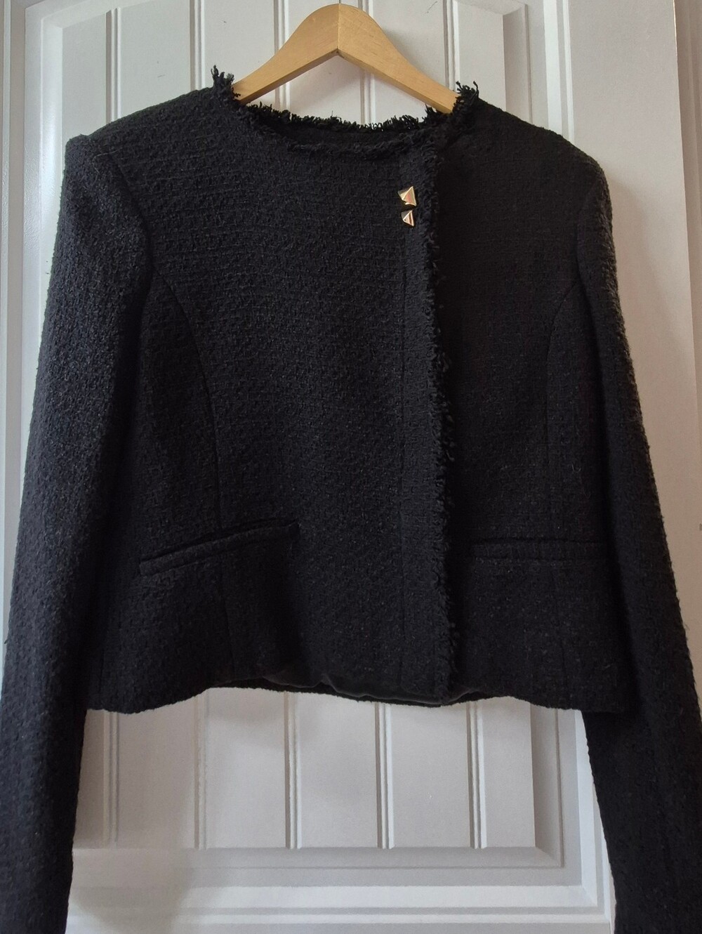 Womens Black Mango Cropped Tweed / Bouclé Jacket Size Large
